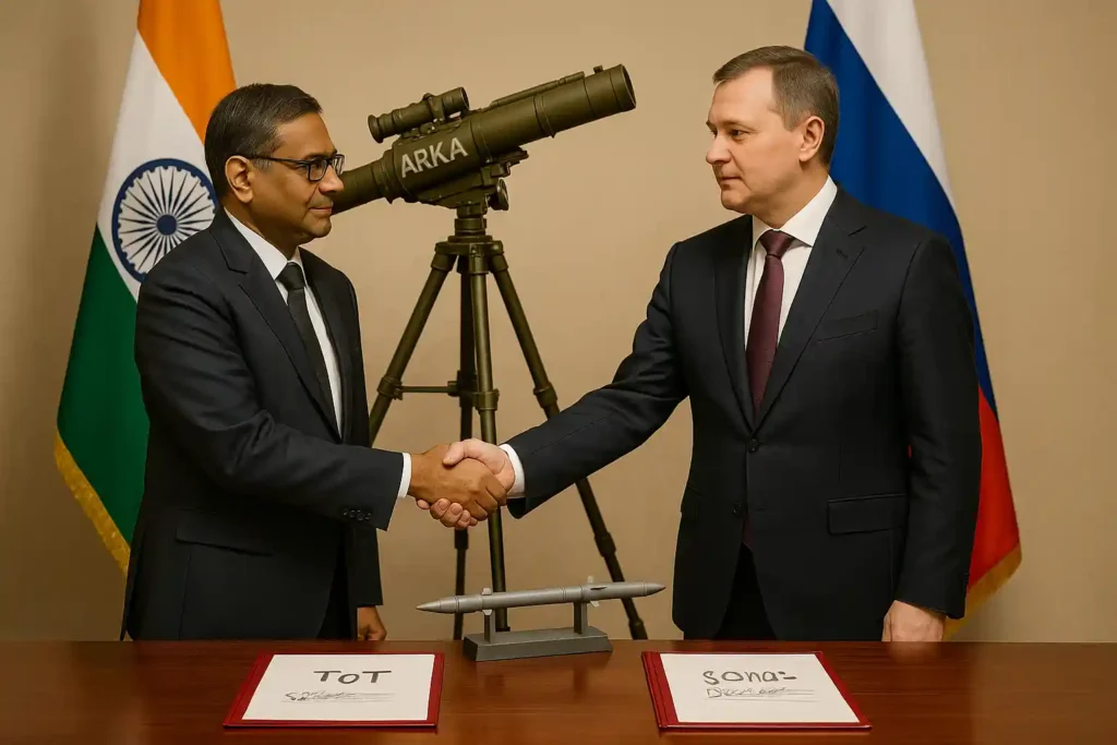 Indian and Russian defence officials formalising Igla‑S technology transfer agreement in front of ARKA launcher.