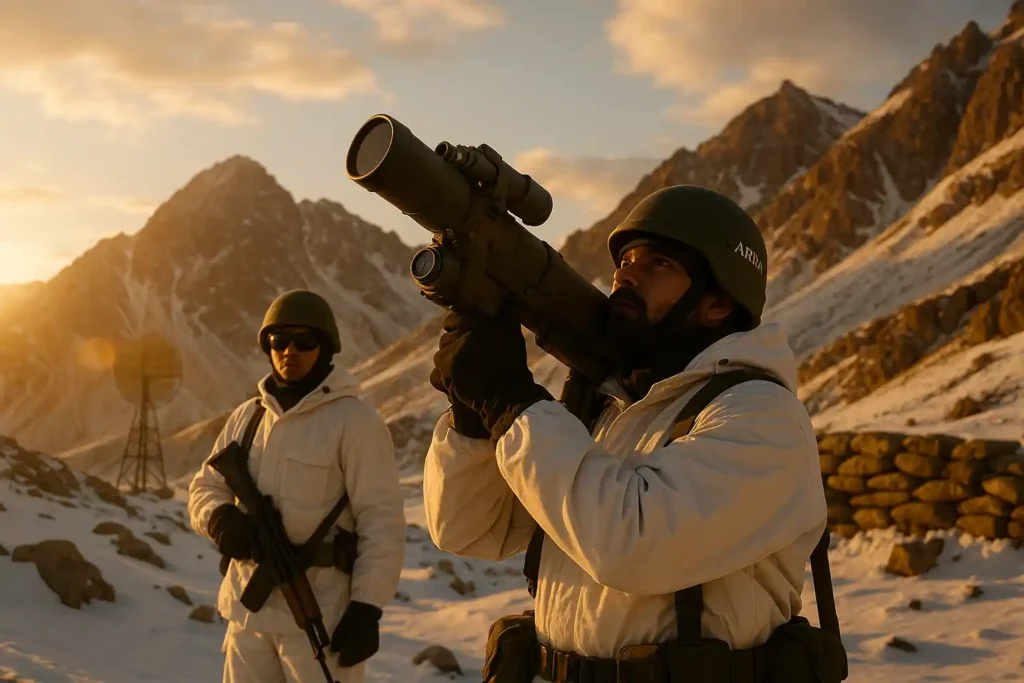 ARKA Igla‑S deployed by Indian Army in snowy border outpost, soldier scanning skies with MANPADS for UAV defence.