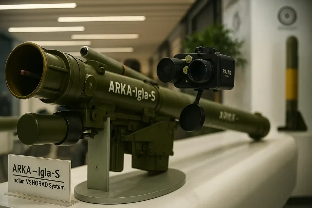 ARKA Igla‑S VSHORAD missile system with Rajak thermal sight on display by Adani Defence at Indian defence expo 2025.