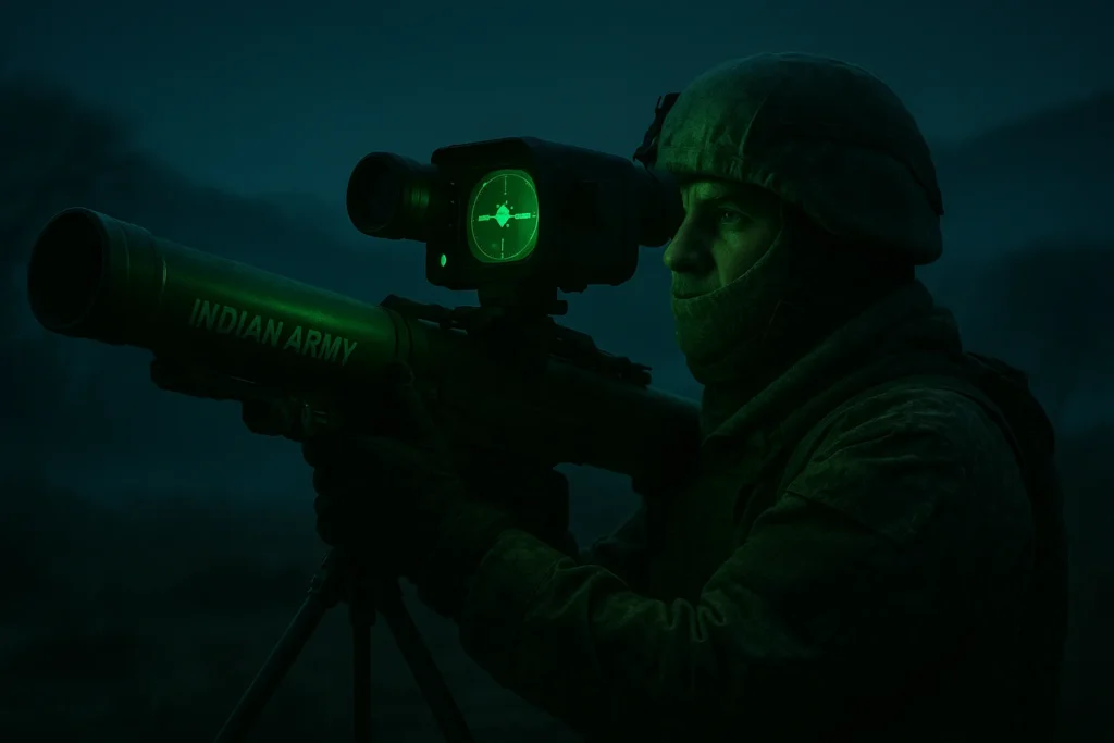 Indian soldier using ARKA Igla‑S missile system with Rajak thermal sight during night ops in foggy mountain terrain.