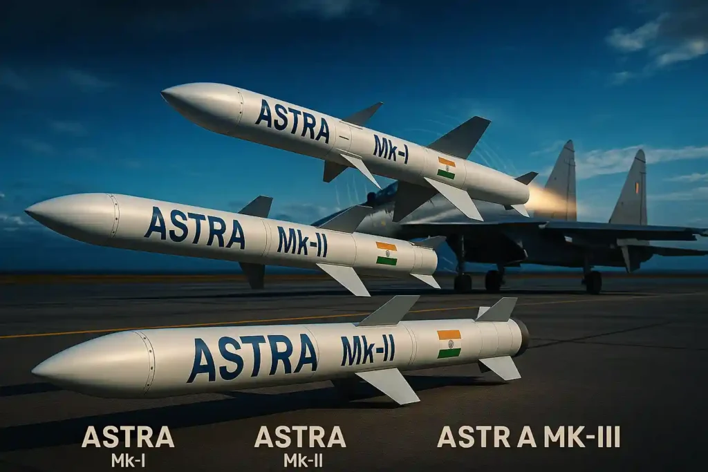 Side-by-side visual comparison of India’s Astra Mk-I, Mk-II, and Mk-III missiles displayed on an Air Force tarmac, with a Su-30MKI jet in the background and a dramatic blue sky overhead, showcasing realistic textures and labeled missile variants.