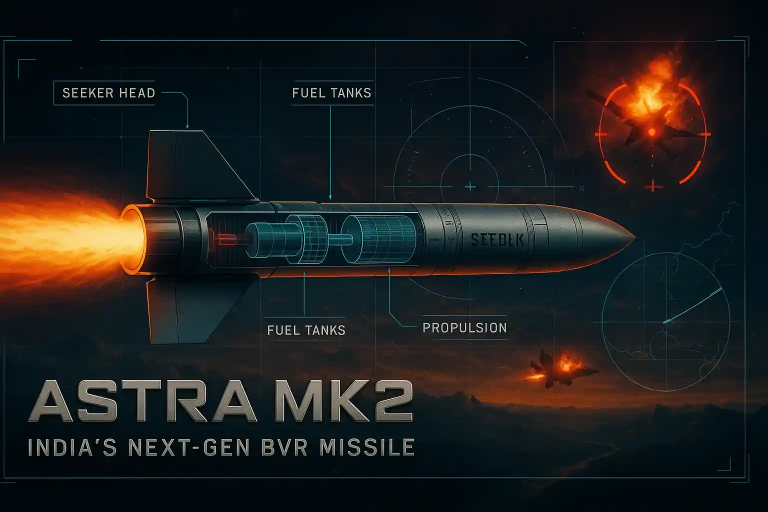 Cutaway view of Astra Mk2 missile mid-flight showing internal components like seeker head, fuel tanks, and propulsion system, with fiery exhaust trail, digital HUD overlays, radar map, and enemy aircraft explosion confirming strike.