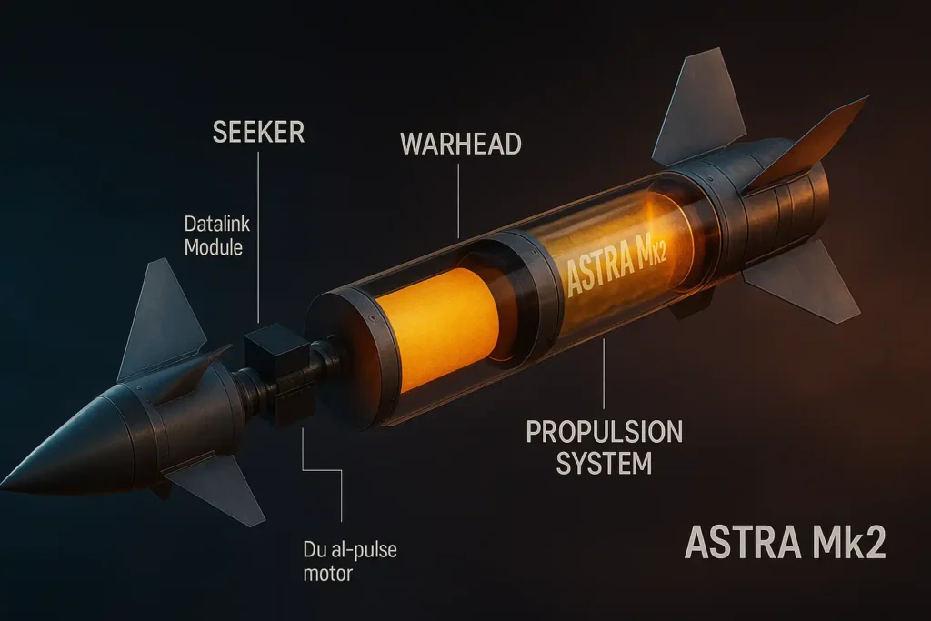 3D cutaway of Astra Mk2 missile with labeled seeker, warhead, and propulsion inside semi-transparent casing.