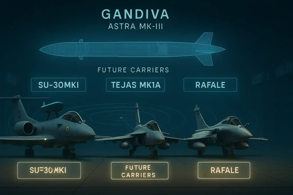 Infographic showing Indian fighter jets Su-30MKI, Tejas Mk1A, and Rafale inside a hangar, labeled as future carriers of the Astra Mk-III Gandiva missile, which is illustrated above in blueprint wireframe style with modern military lighting.