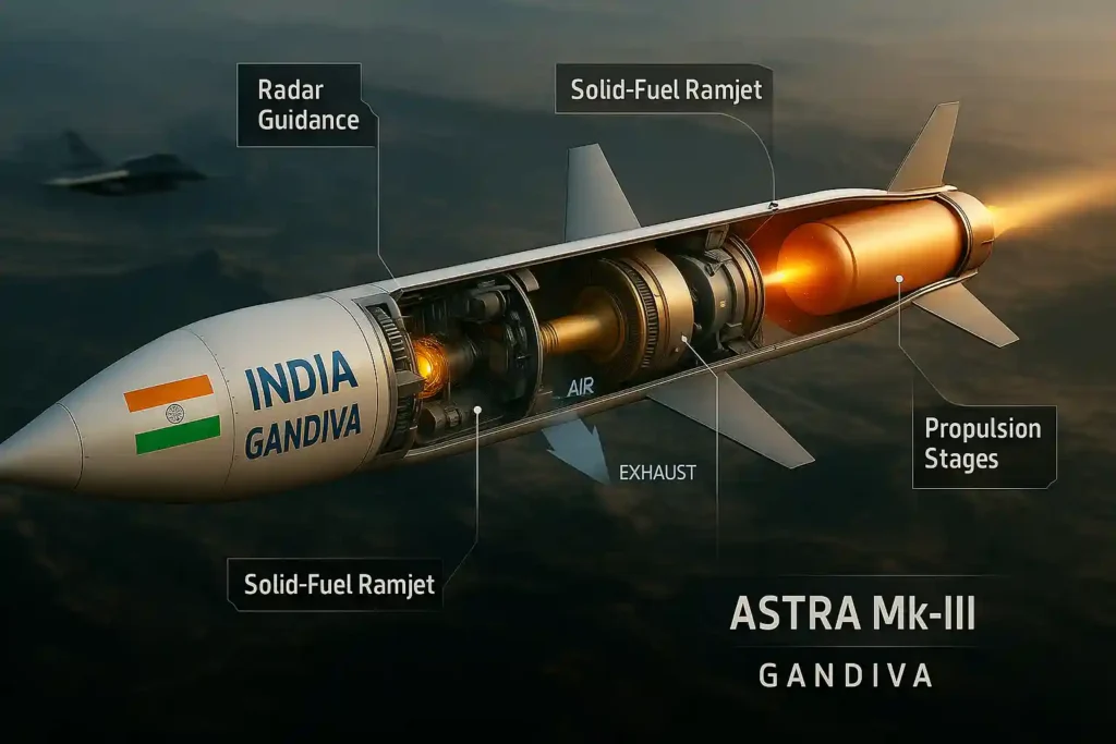 Detailed cutaway illustration of India’s Astra Mk-III Gandiva missile, showing labeled radar guidance, solid-fuel ramjet system, and propulsion stages in a 3D military infographic style over Indian terrain.