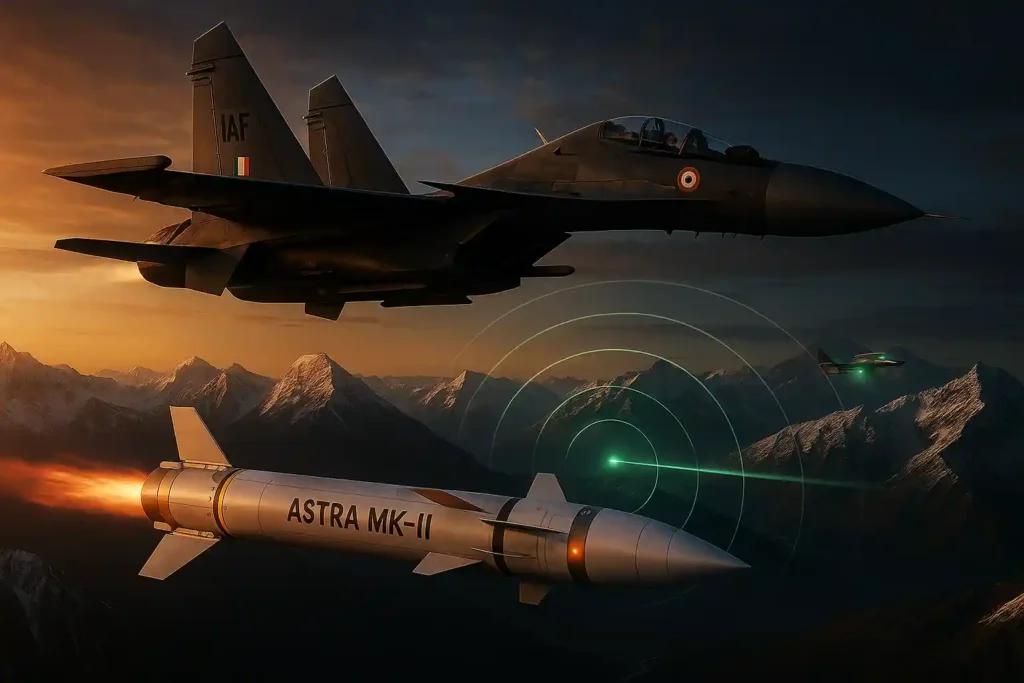 Indian Air Force Su-30MKI launching an Astra Mk-III missile over the Himalayan mountains, with radar beams tracking a low-altitude target, captured at sunset with dramatic lighting and military-realism style.