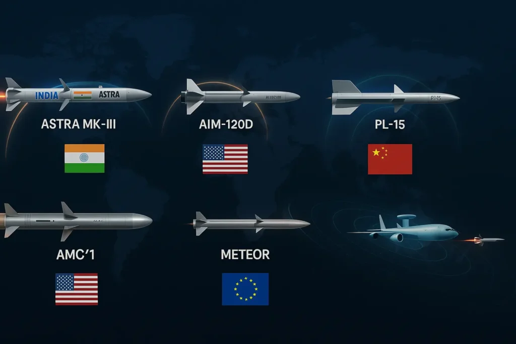 World map infographic showing BVRAAM missiles—Astra Mk-III (India), AIM-120D and AMC/1 (USA), PL-15 (China), and Meteor (EU)—with national flags, glowing range arcs, and sleek military-themed layout.