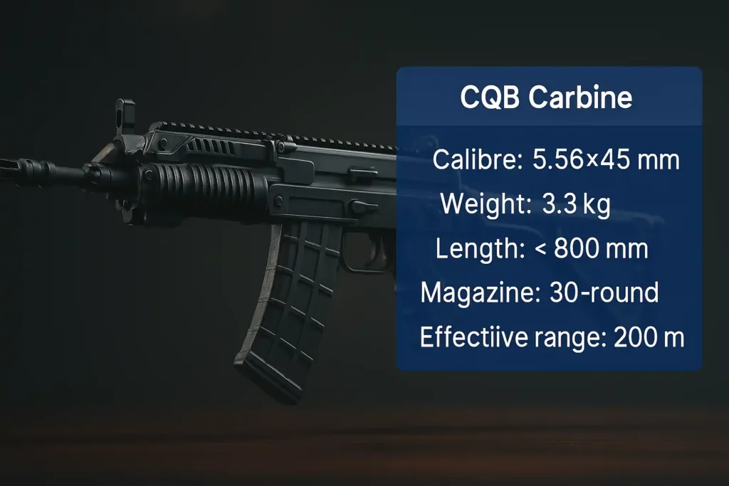 Cinematic image of CQB Carbine rifle with DRDO and Bharat Forge branding, detailed specs highlighted, professional layout for urban combat weapon