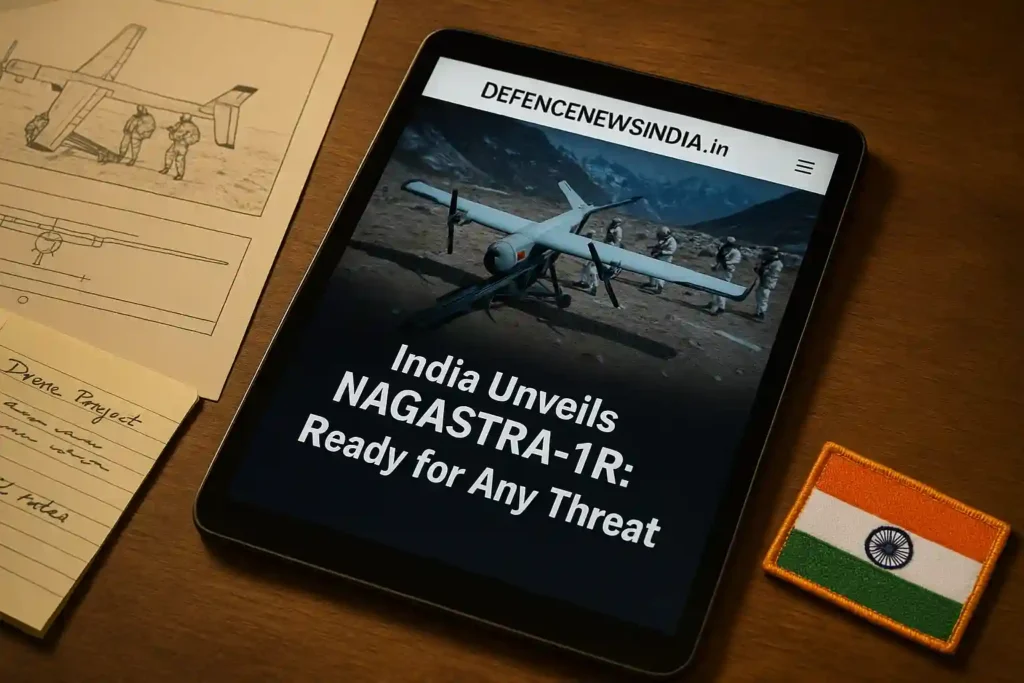 DefenceNewsIndia.in homepage open on tablet featuring NAGASTRA‑1R article with defence schematics on desk.