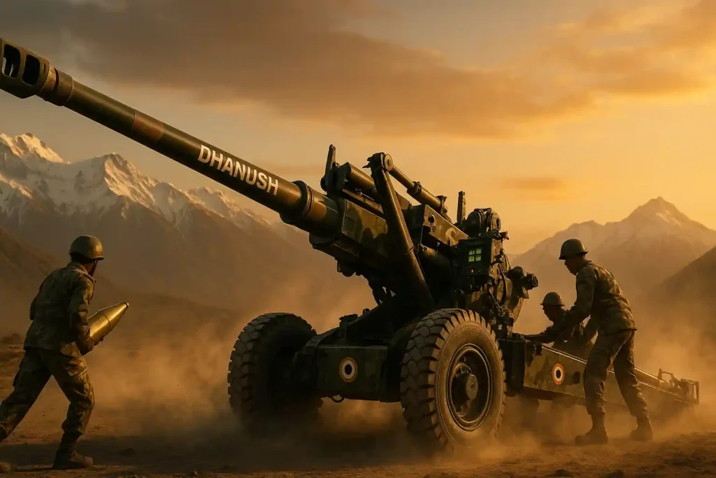 Dhanush artillery gun in high-altitude deployment with Indian Army crew operating the 155mm howitzer during golden hour.
