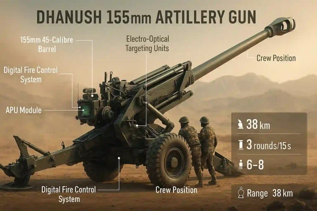Dhanush artillery gun with labelled features including 155mm barrel, digital fire control, APU, and electro-optical targeting in a tactical field scene.