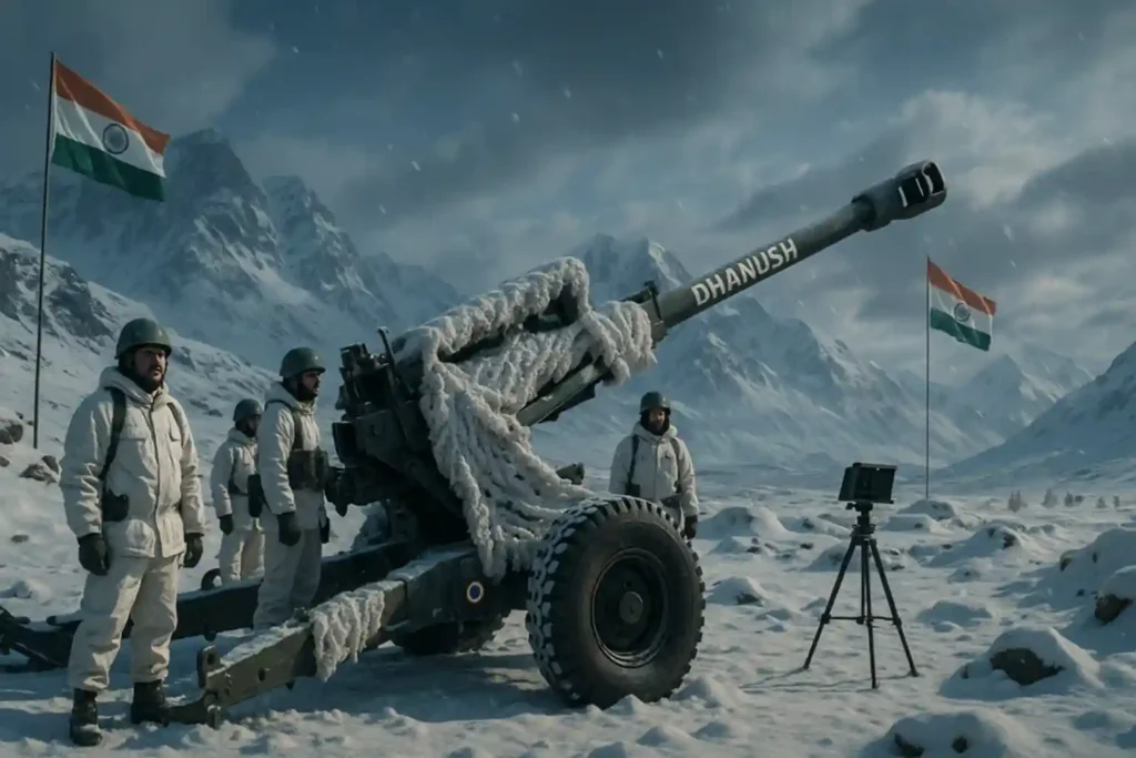 Dhanush artillery gun deployed in snowy Ladakh with Indian Army crew in winter gear.