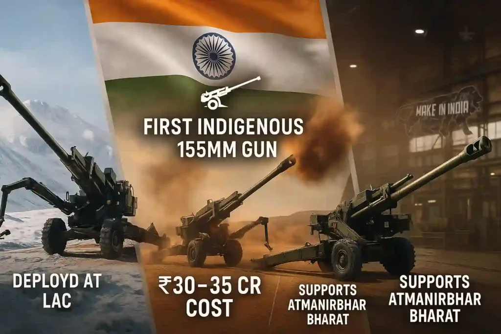 India’s Dhanush artillery gun in Ladakh, desert, and factory settings highlighting indigenous development, deployment, and cost-efficiency.