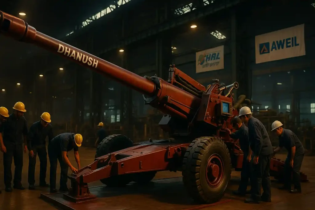 Dhanush 155mm howitzer at Jabalpur factory during rollout with engineers and HAL banners.