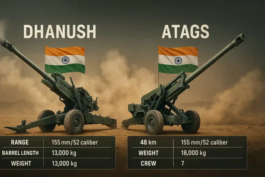 Visual comparison of Dhanush and ATAGS howitzers with specifications overlay.