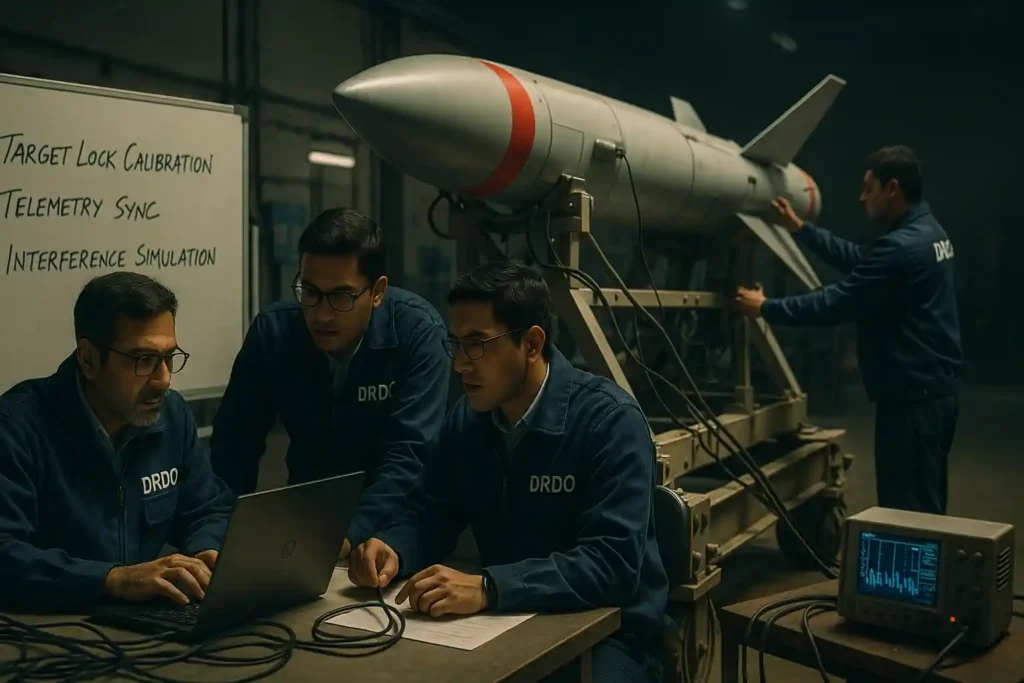 DRDO engineers testing Project Kusha missile system and electronics in lab.
