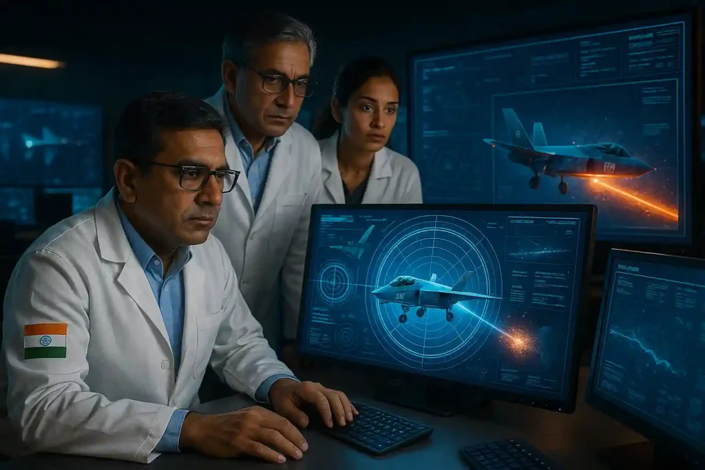 DRDO command centre showing radar tracking, AI fire control, and laser dazzler system.