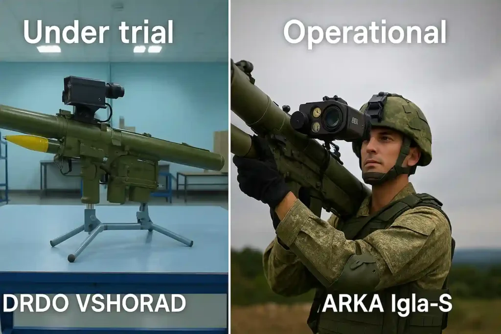 Comparison of DRDO VSHORAD prototype in lab vs ARKA Igla‑S operational in field – under trial vs operational deployment.