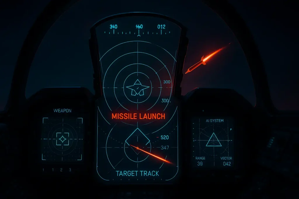 Fighter jet cockpit view showing radar lock-on with missile launch targeting stealth aircraft, featuring AI tracking system and digital combat interface