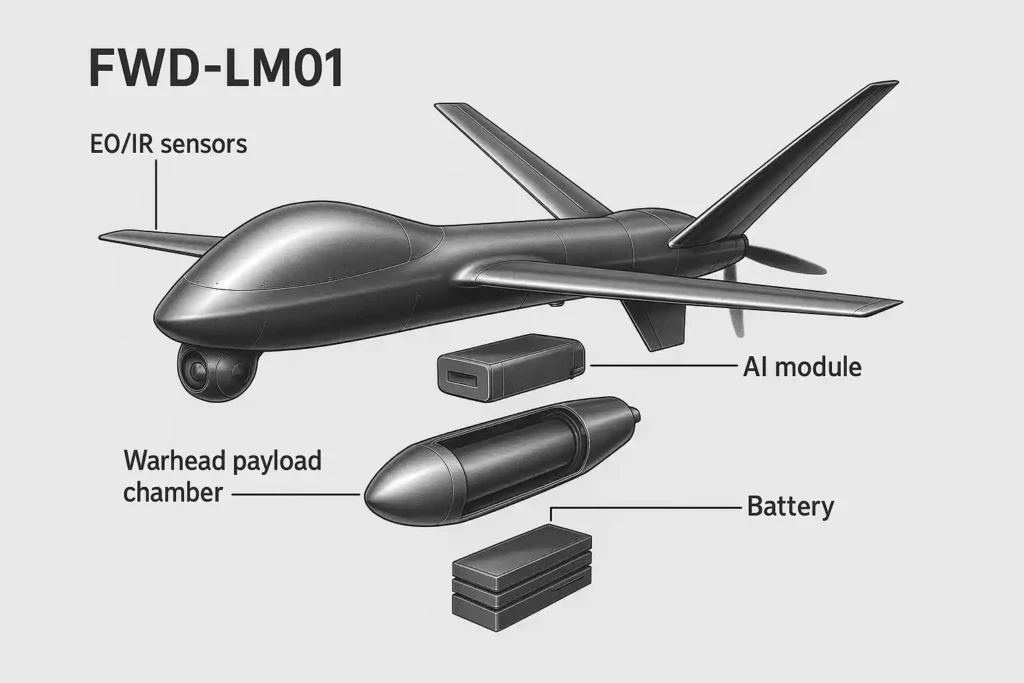 Exploded schematic of FWD-LM01 drone showing key internal components.
