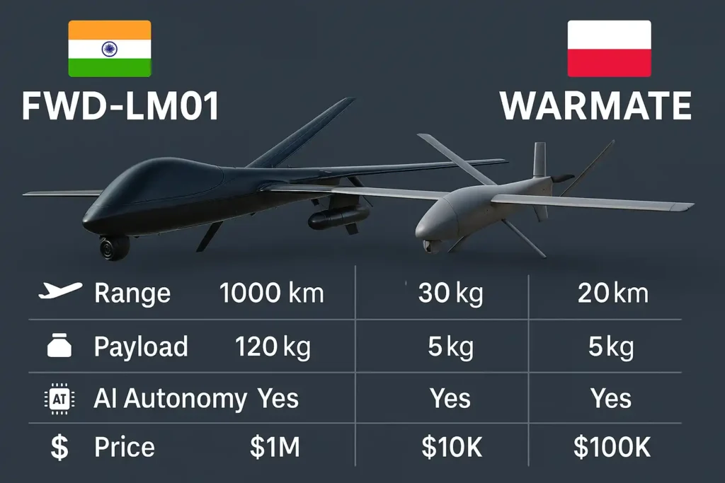 Comparison between FWD-LM01 and Warmate suicide drones showing specs and advantages.