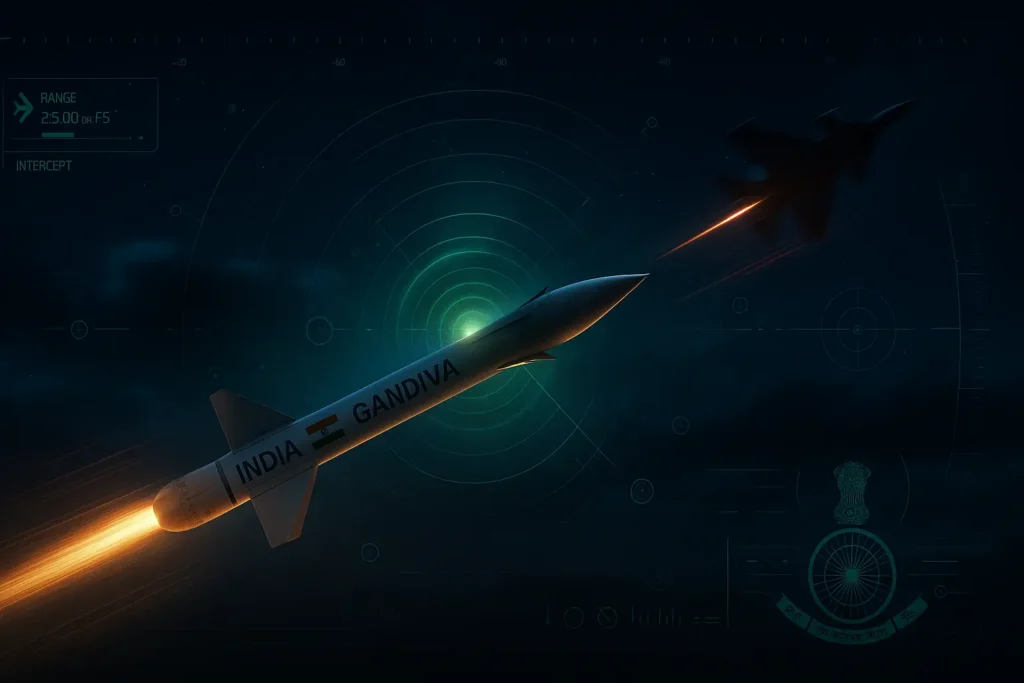 Combat simulation of India's Gandiva missile (Astra Mk-III) intercepting an aerial target at night, with speed trails, radar HUD overlay, and Indian Air Force graphics in a high-detail cinematic style.