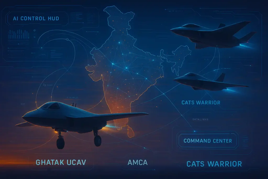 Ghatak UCAV flying in formation with AMCA and CATS Warrior, integrated in India’s AI-based future air combat network.