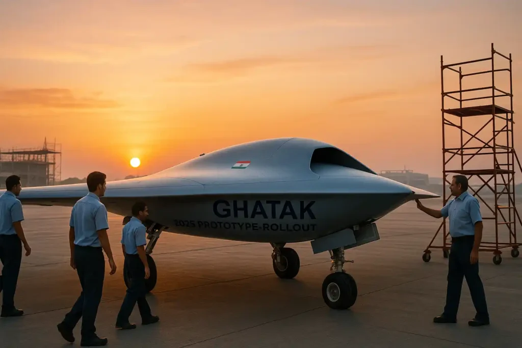 Ghatak UCAV full-scale prototype on HAL runway during rollout phase, marking India's 2025 unmanned stealth drone milestone.