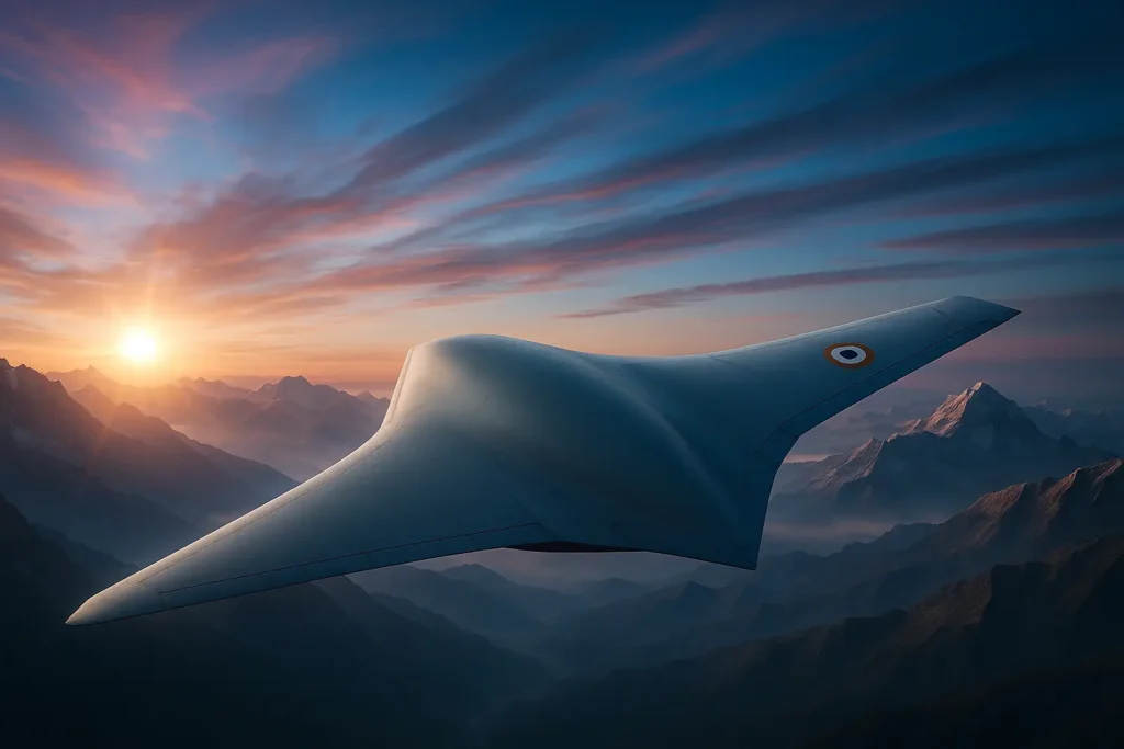 Ghatak UCAV stealth drone flying over India’s high-altitude terrain with IAF roundel, showcasing autonomous flight design.