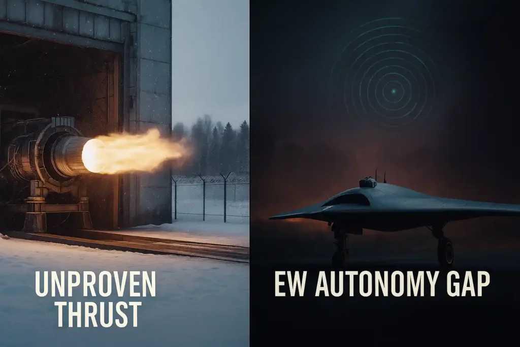 Split view of Ghatak UCAV engine testing in Russia and AI performance under jamming—highlighting key operational gaps.
