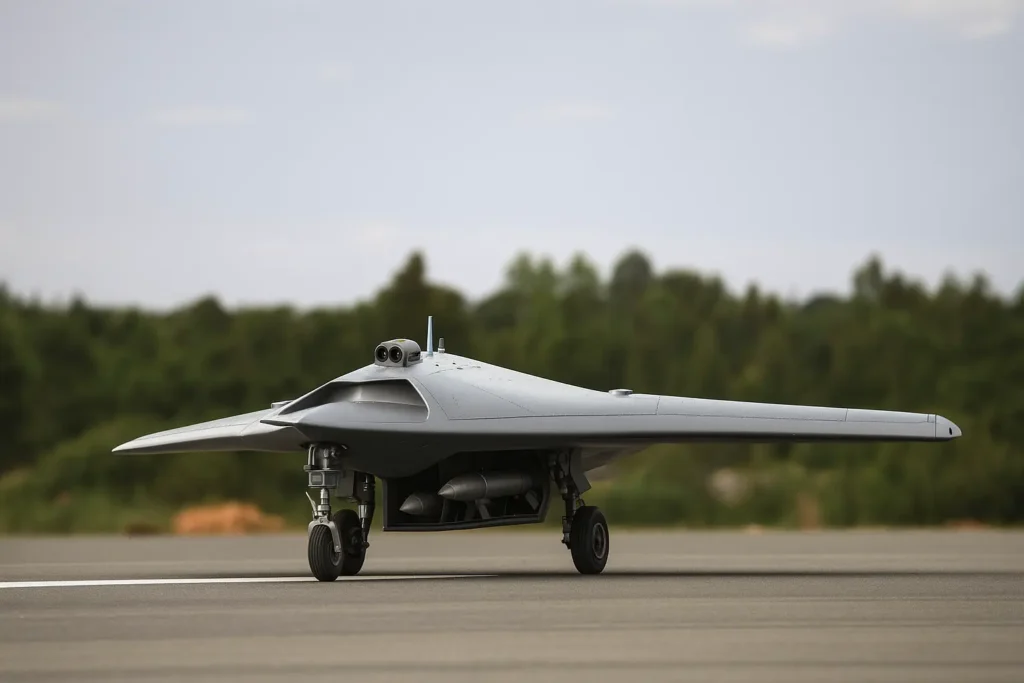 India’s Ghatak UCAV with stealth flying-wing design and internal weapons bay, engineered for radar evasion.