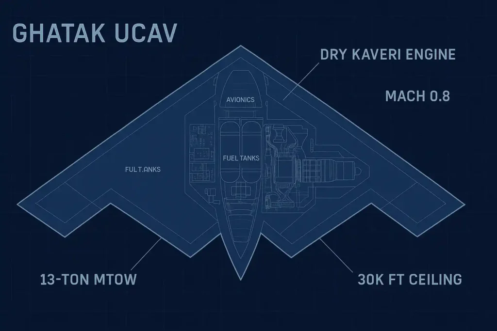 Technical cutaway of Ghatak UCAV showing Kaveri turbofan engine, stealth structure, and internal avionics.