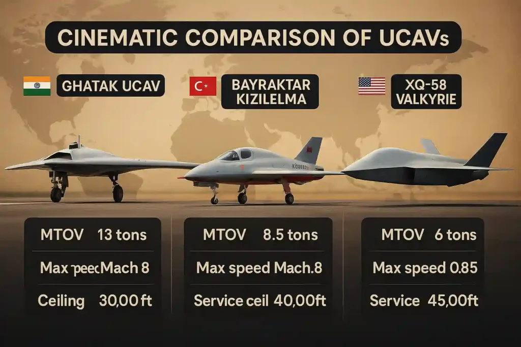 Visual comparison of India’s Ghatak UCAV with Bayraktar Kizilelma and XQ-58 Valkyrie showcasing stealth, payload, and range.