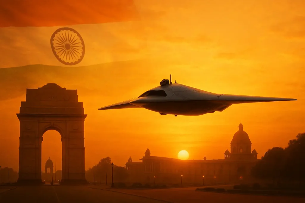 A futuristic Ghatak UCAV soars gracefully above India Gate and Raisina Hill at golden hour, symbolizing national pride, with the Indian Air Force flag softly overlayed and a warm patriotic glow illuminating the historic landmarks.