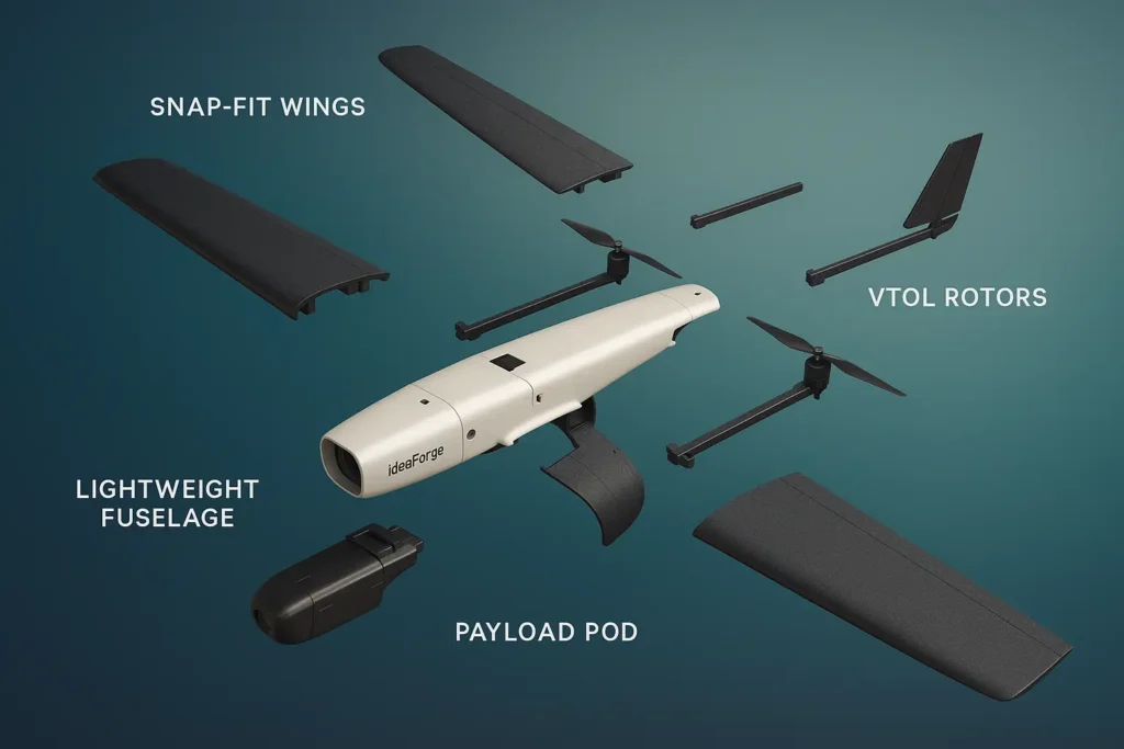 Exploded view of ideaForge SWITCH UAV showing labeled components like VTOL rotors, snap-fit wings, lightweight fuselage, and payload pod on gradient background.