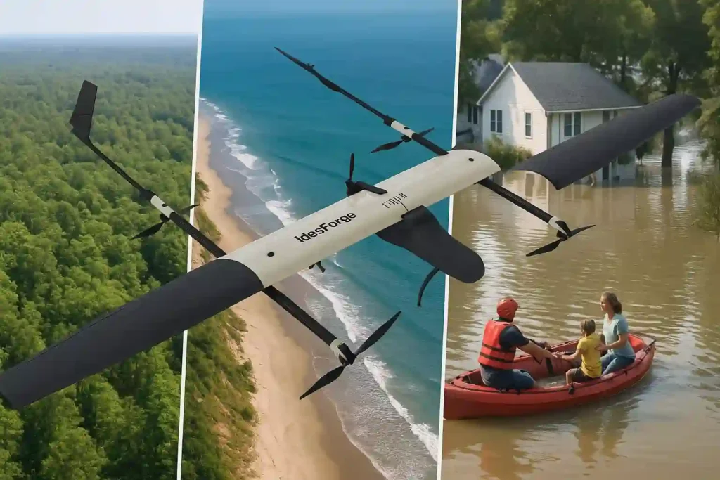 ideaForge SWITCH UAV flying over diverse mission environments: dense forest canopy, coastal shoreline, and flood rescue operation with people in a boat, showcasing versatile real-life drone applications.