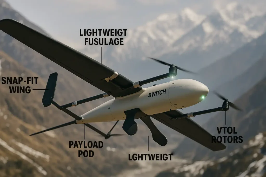 ideaForge SWITCH UAV flying over Himalayan mountains with labeled components including snap-fit wings, lightweight fuselage, payload pod, and VTOL rotors, featuring subtle sensor glow and realistic flight motion.