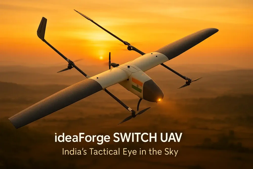 ideaForge SWITCH UAV flying above Indian terrain at sunset with warm cinematic lighting, featuring subtle Indian national flag reflection on the fuselage and text ‘ideaForge SWITCH UAV’ with tagline ‘India’s Tactical Eye in the Sky’.