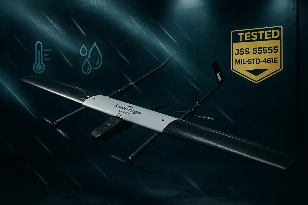 ideaForge SWITCH UAV undergoing military-grade environmental testing with wind, temperature, and vibration simulation inside a defense lab, certified JSS 55555 and MIL-STD-461E.