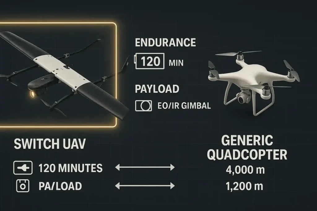 Side-by-side comparison of ideaForge SWITCH UAV and a generic quadcopter drone highlighting endurance, payload with EO/IR gimbal, and altitude capabilities on a technical grid background with glowing border around SWITCH UAV.