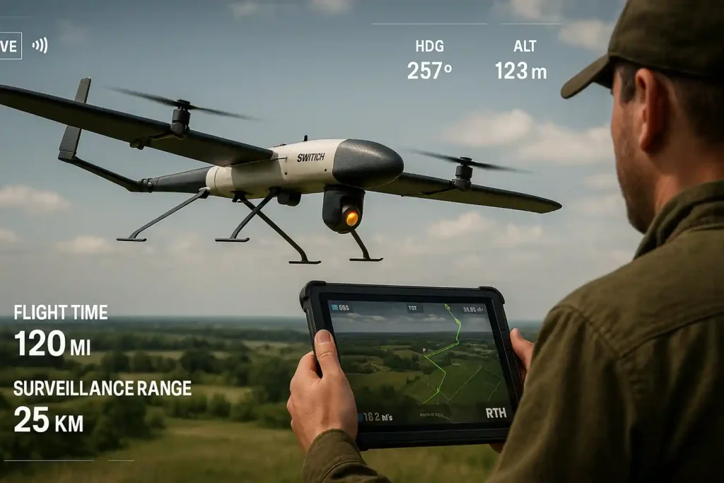 ideaForge SWITCH VTOL UAV flying over rural landscape with live operator using BlueFire Touch tablet showing mission path and telemetry data — 120 min flight time, 25 km surveillance range.