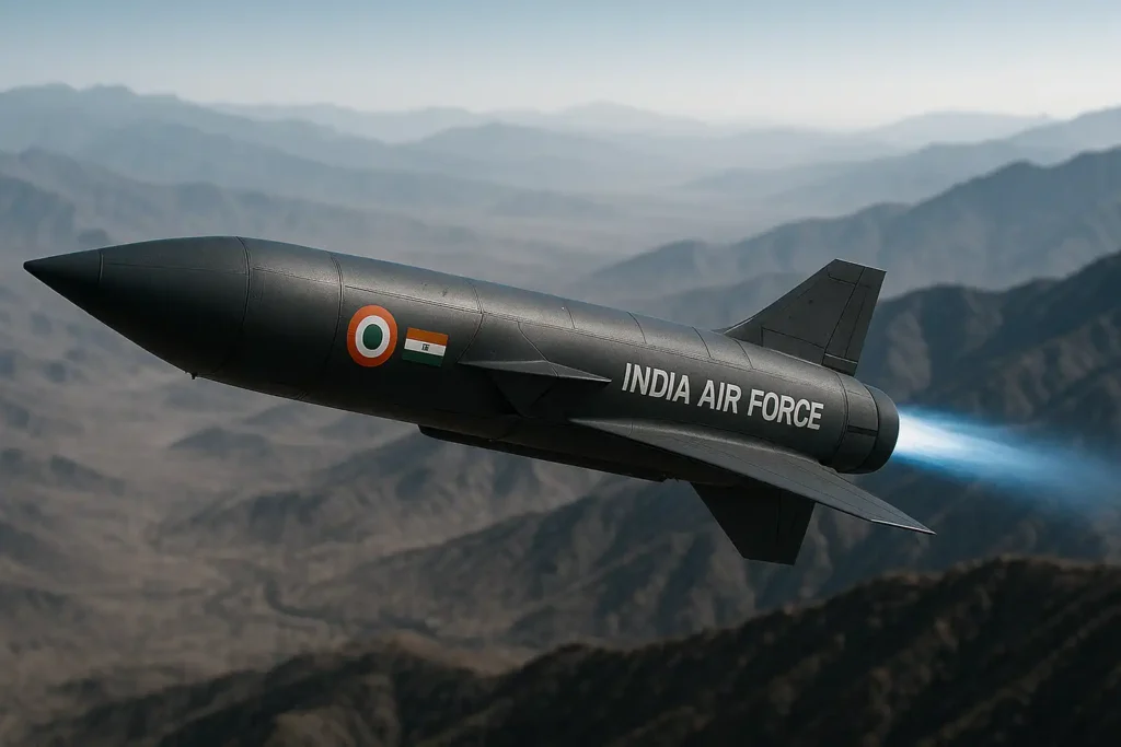 Hypersonic India Air Force Rudram-4 missile flying over mountains with blue exhaust trail, high-altitude strike concept