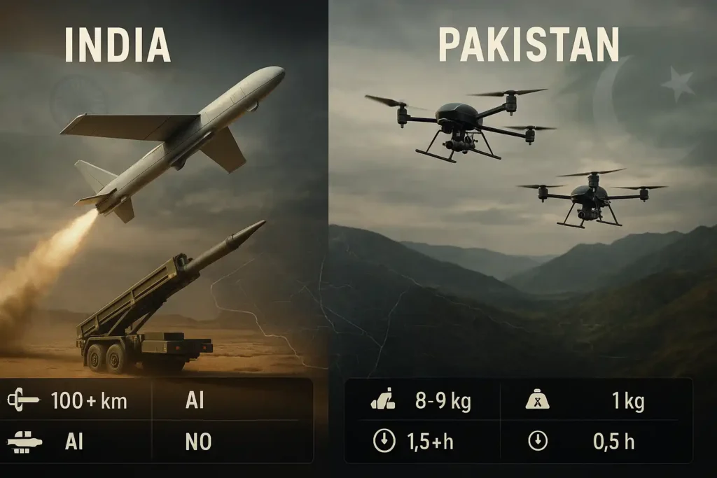 Side-by-side comparison of Indian loitering drones and Pakistan’s Turkish Songar UAVs showing capabilities and battlefield context.