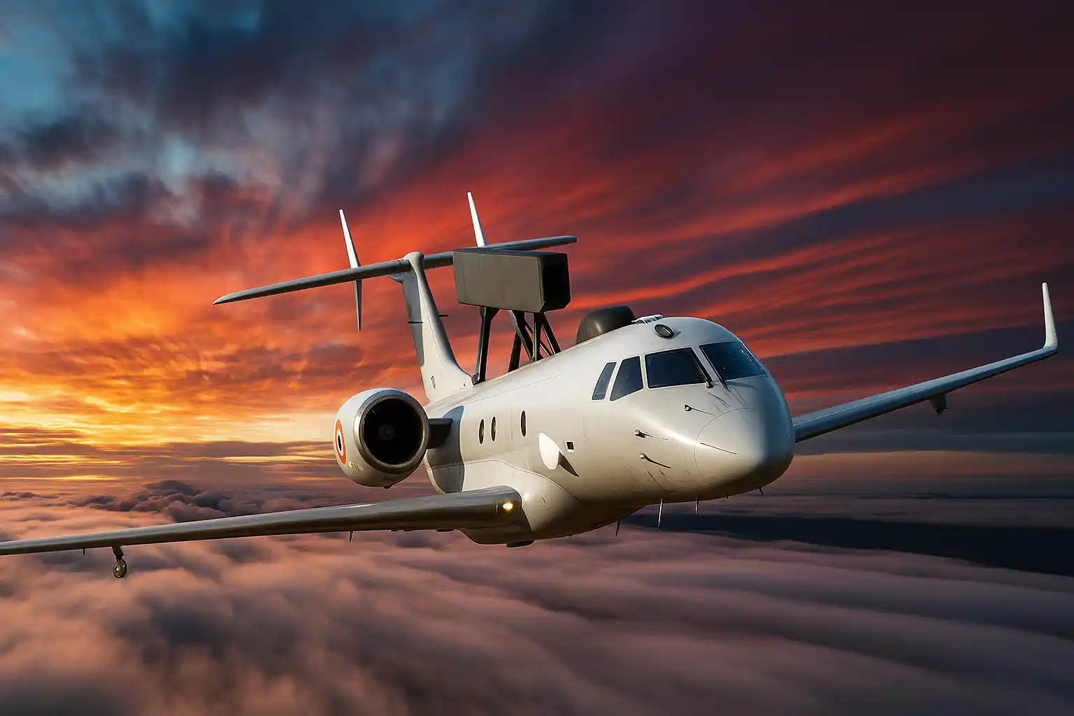 Indian Air Force AEW&C aircraft flying above cloud cover during a vibrant sunset, showcasing its airborne radar system and sleek design against a dramatic sky in Indian airspace.