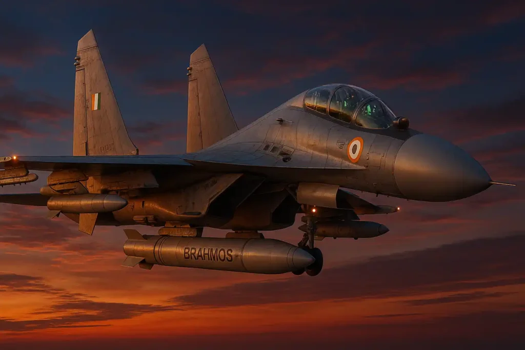 Indian Air Force Su-30MKI fighter jet with BrahMos and Astra missiles in flight at dusk, glowing digital cockpit, Virupaaksha AESA radar, electronic warfare antennas, cinematic sunset sky