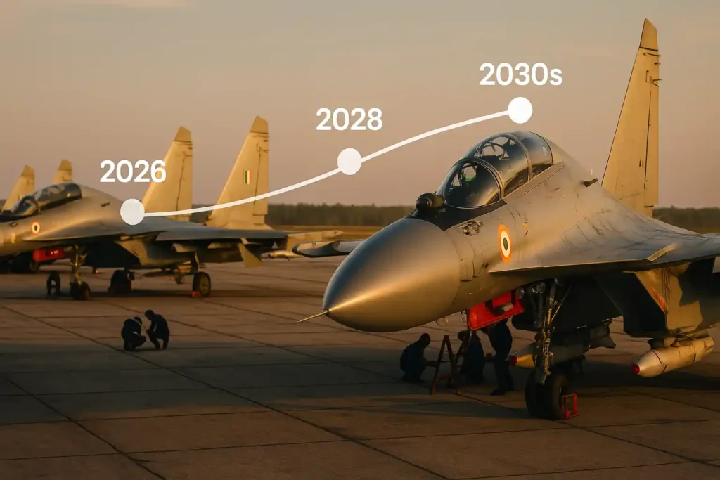 Indian Air Force Su-30MKI fighter jets lined up on tarmac at airbase, technicians working, timeline graphic showing system integration 2026, first jets 2028, full fleet 2030s, natural lighting