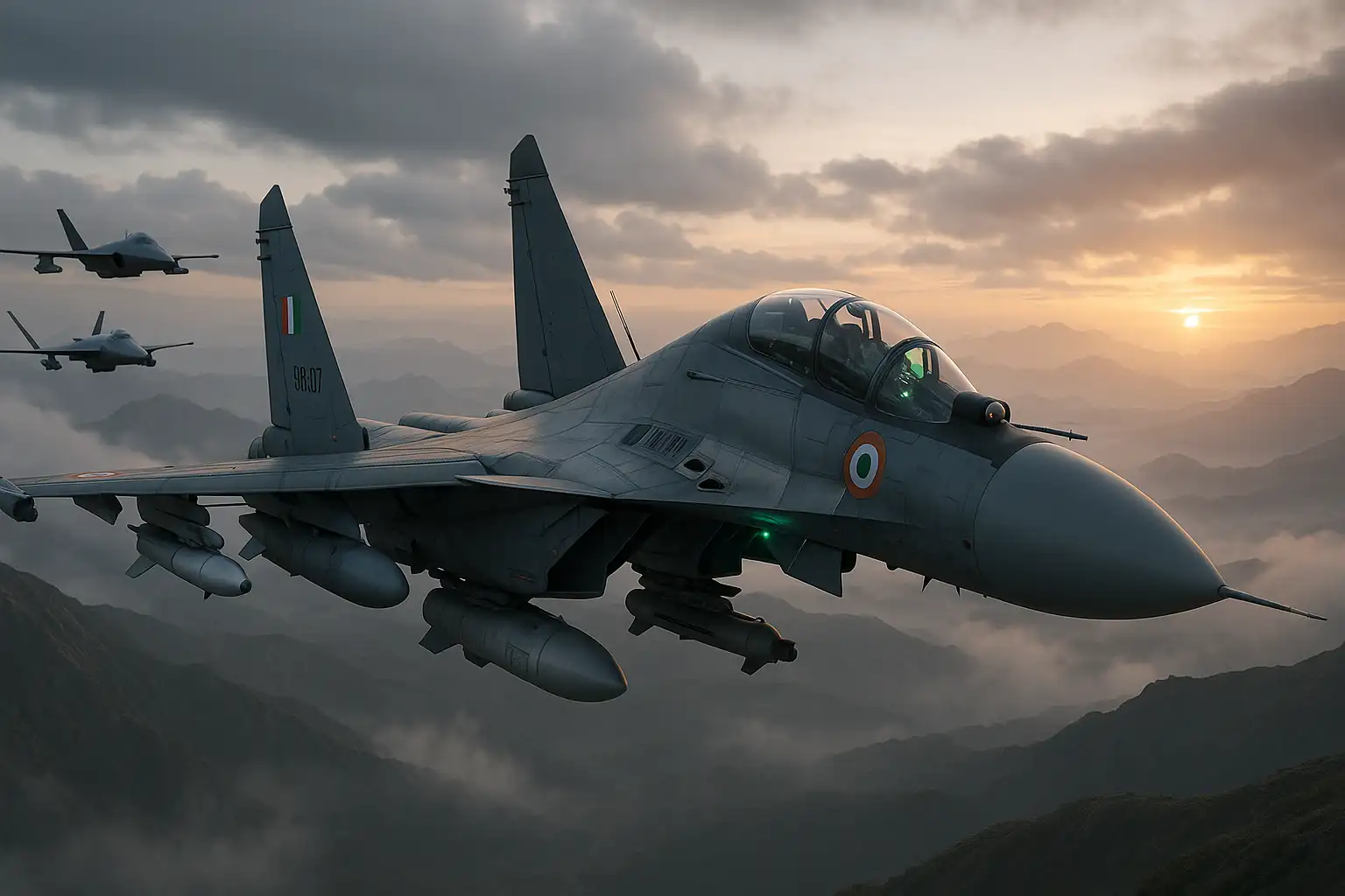 Super Sukhoi Su-30MKI fighter jet of Indian Air Force flying over mountains at dawn with two loyal wingman drones, advanced avionics, AESA radar, electronic warfare pods, modern weapons loadout, cinematic sunrise sky