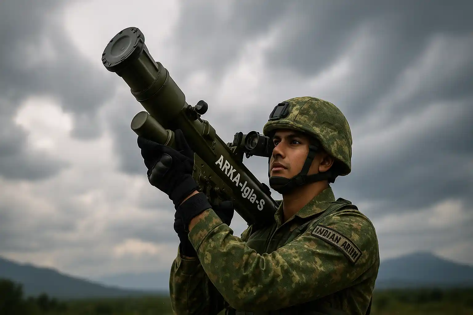 Indian Army soldier aiming ARKA Igla‑S missile launcher with thermal sight during live deployment drill in Himalayan terrain