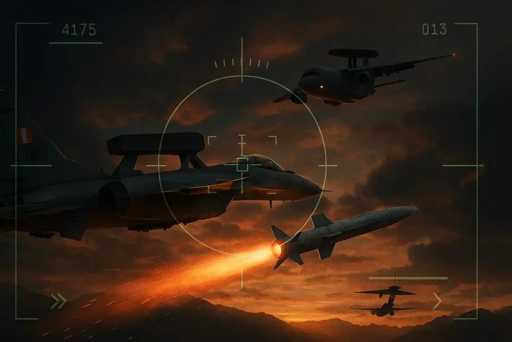 Indian Air Force fighter jet launching a BVRAAM missile at standoff range with fiery exhaust trail, targeting an AWACS aircraft in the distance, viewed through HUD overlay against a warzone-style sunset sky.
