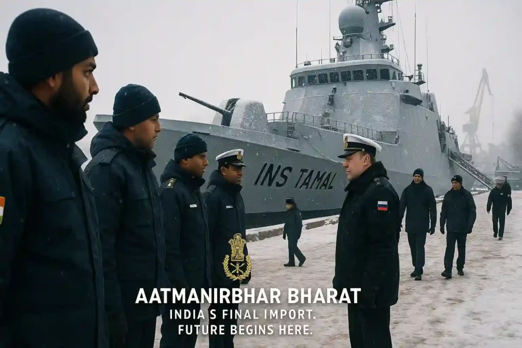 Indian Navy crew undergoing cold-weather training beside INS Tamal during pre-commissioning trials in Russia.